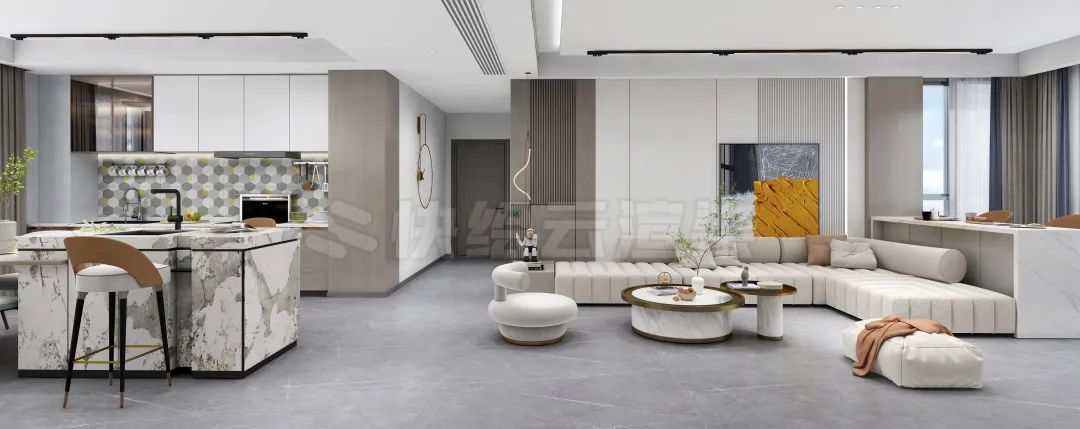 腾博会官网质感砖灰色系客餐厅家居空间效果图