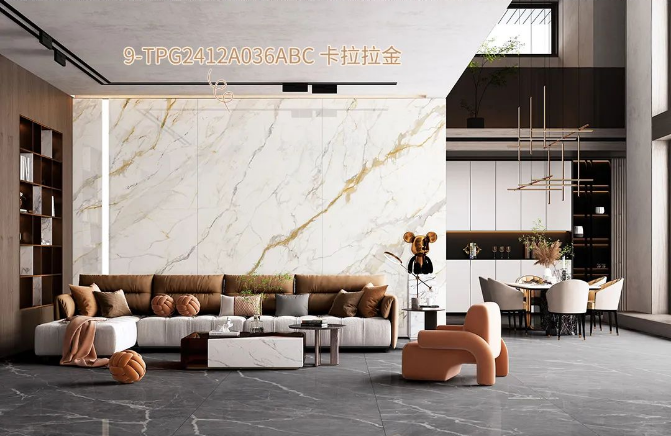 腾博会官网地砖装饰的卡拉拉金客厅效果图
